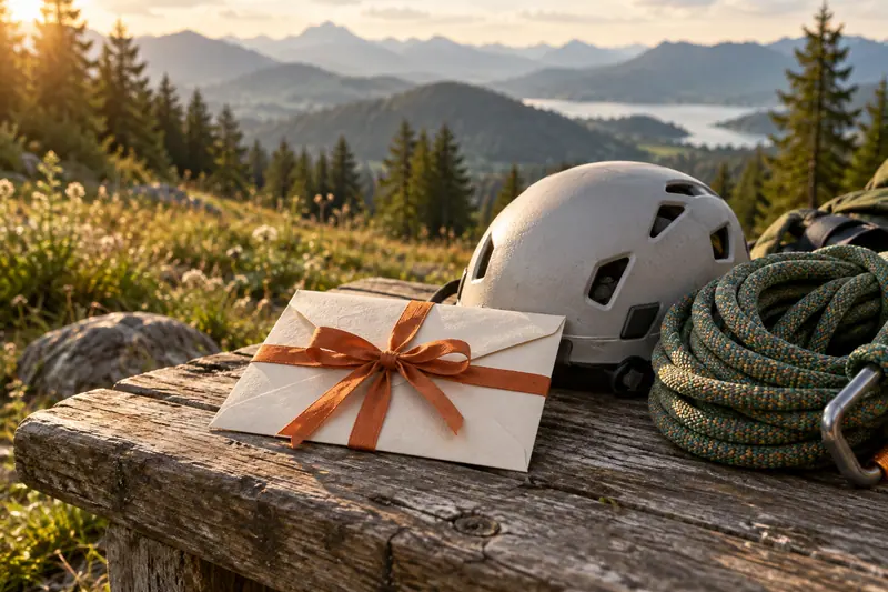 Geschenkumschlag mit orangefarbenem Band neben Kletterhelm und Seil